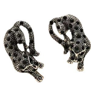 Silver Leopards with Black Stone Spots Pierced Post Earrings